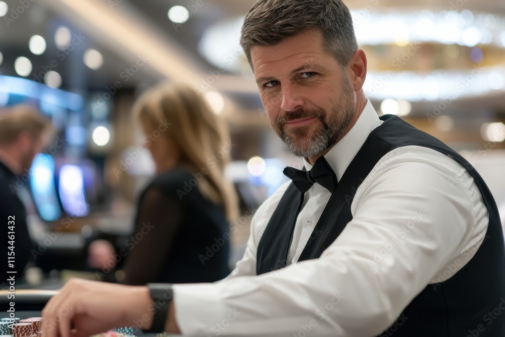 Dressed in a stylish vest, a charismatic man displays confidence at a casino table, surrounded by poker chips, showcasing a vibrant nightlife atmosphere.