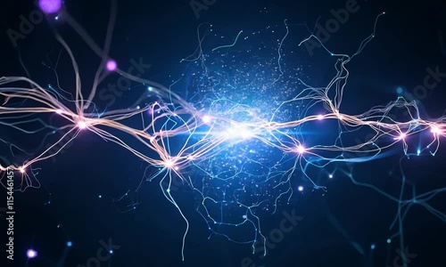 Glowing Neuron Firing Animation with Electric Pulses, Illuminated Synapses, and Dark Background Featuring Subtle Particle Effects