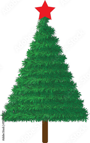 Realistic vector illustration of a fir tree for Christmas celebration needs, with a red star on top, brown wooden trunk