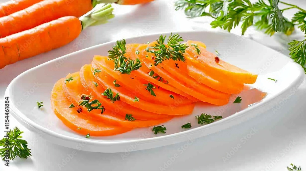 Freshly Sliced Carrots with Green Herbs on a White Plate Freshly Sliced Carrots with Green Herbs on a White Plate