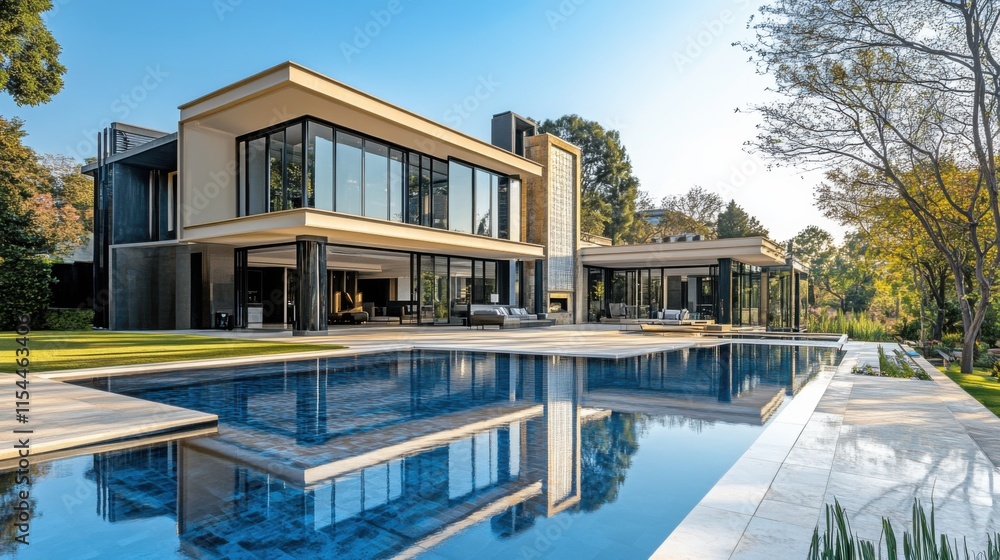 Fototapeta premium Modern Luxury Home Architectural Design: Stunning Poolside Residence with Expansive Views