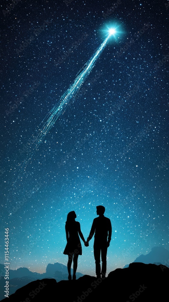 Silhouette Couple Holding Hands Under Starry Night Sky Silhouette Couple Holding Hands Under Starry Night Sky