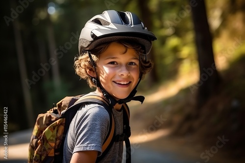 Portrait of a cute boy wearing helmet and backpack in the forest photo