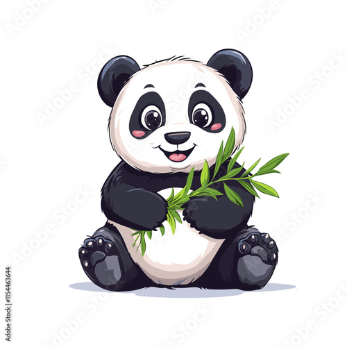 Cute cartoon panda happily munching on bamboo in a playful pose surrounded by a white background