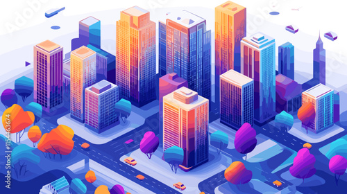 Vibrant city skyline at sunset showcasing modern architecture and bustling urban life