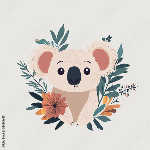 Cute koala surrounded by colorful flowers and greenery in a vibrant, playful illustration celebrating nature