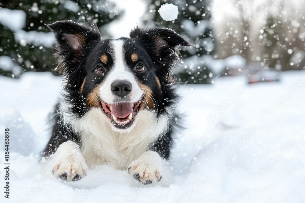 A lively dog joyfully bounds through the snow-covered ground, showcasing its playful spirit amid a beautiful winter wonderland, leaving tracks in the pristine snow. A lively dog joyfully bounds through the snow-covered ground, showcasing its playful spirit amid a beautiful winter wonderland, leaving tracks in the pristine snow.