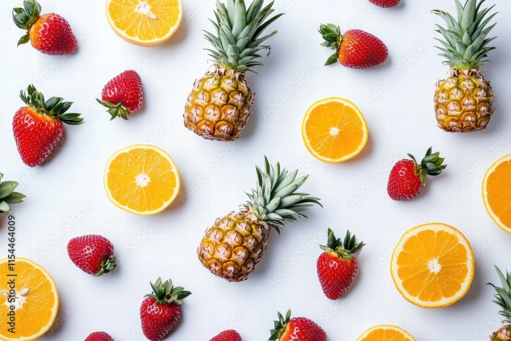 Vibrant arrangement of tropical fruits featuring pineapples, oranges, and strawberries on a bright background. Generative AI Vibrant arrangement of tropical fruits featuring pineapples, oranges, and strawberries on a bright background. Generative AI