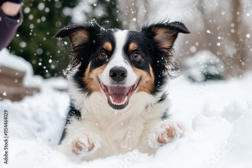 A jubilant dog bounds through the snow, eagerly chasing after a snowball, portraying joy and enthusiasm in a captivating winter landscape filled with soft snowflakes. photo