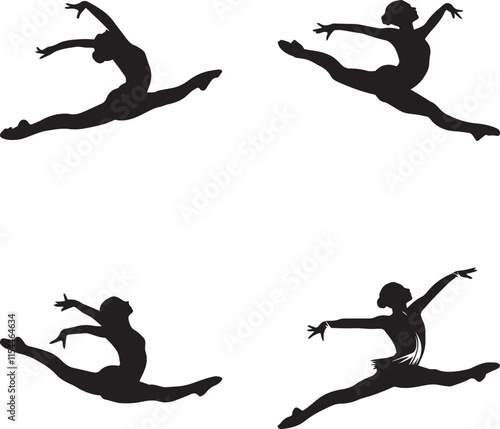 gymnast vector silhouette of isolated dynamic floor routine leap on white background 