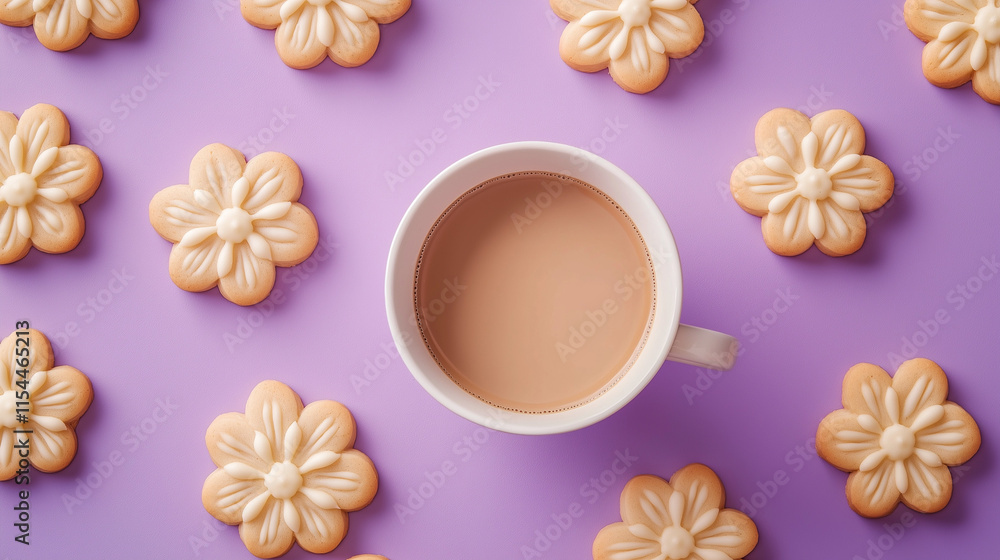 cup of coffee with flowers shaped cookies on purple background cup of coffee with flowers shaped cookies on purple background