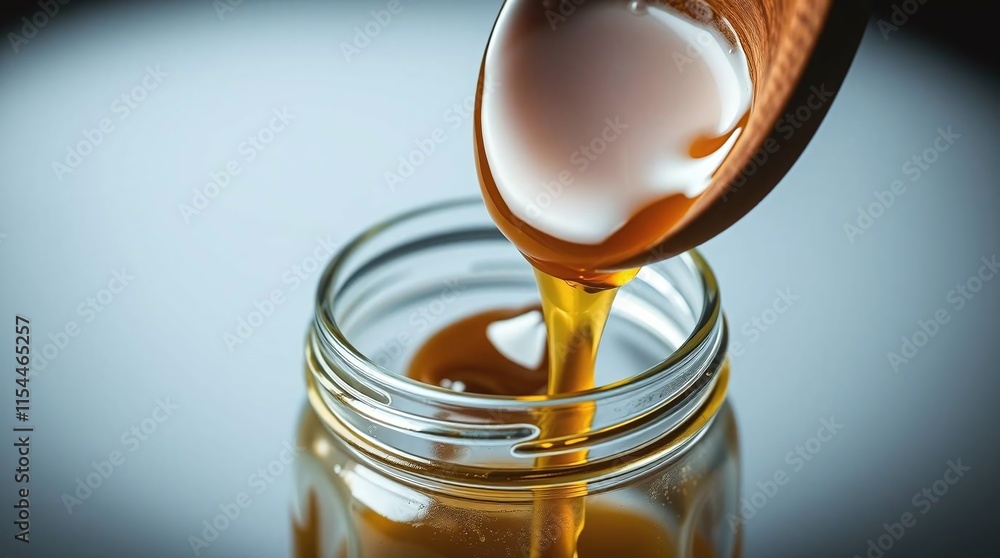 A jar of golden honey with a honey dipper dripping honey into the jar, isolated on a pristine white background A jar of golden honey with a honey dipper dripping honey into the jar, isolated on a pristine white background