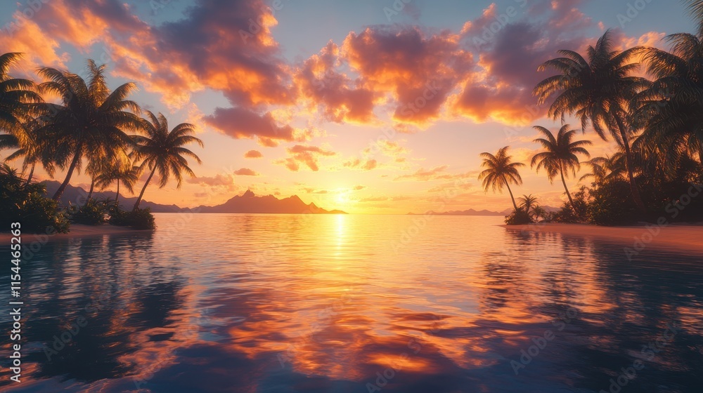 Serene sunset over a tranquil ocean with palm trees and vibrant clouds. Serene sunset over a tranquil ocean with palm trees and vibrant clouds.