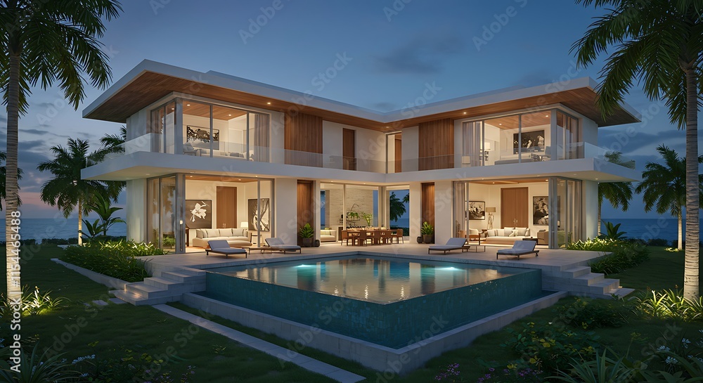 Fototapeta premium Luxury Beachfront Modern Home Ocean View Sunset Pool