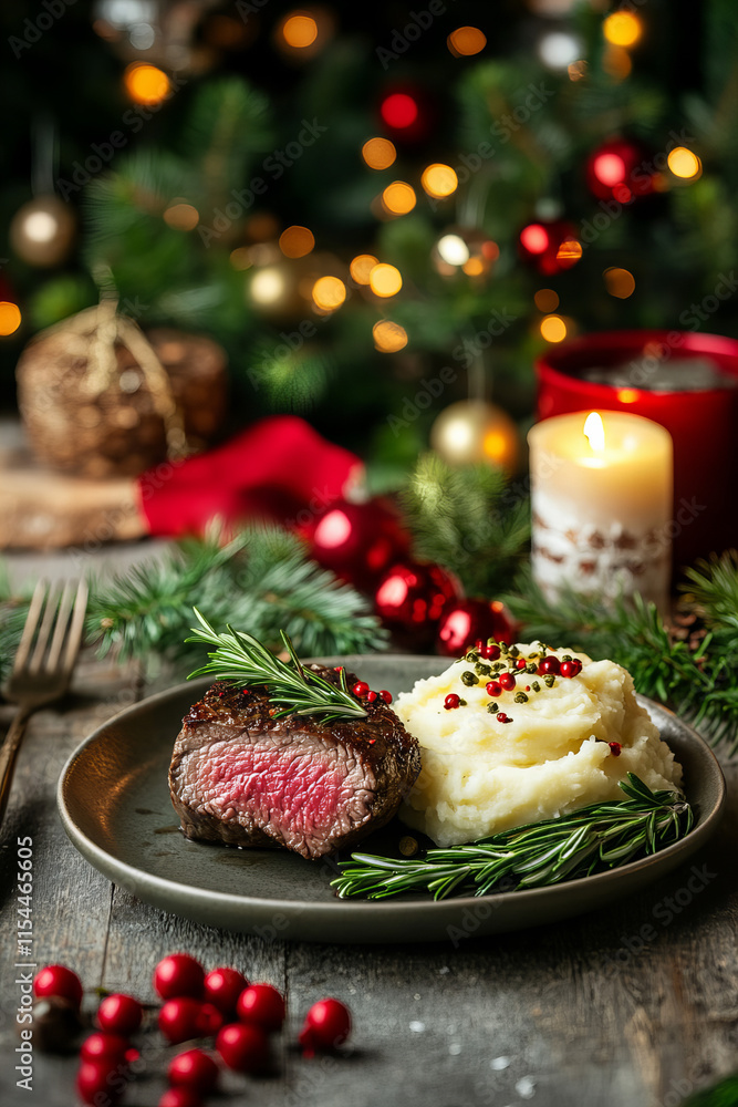 Succulent grilled filet mignon with creamy mashed potatoes, garnished with fresh rosemary and peppercorns, ideal for elegant dinner presentations and gourmet food photography Succulent grilled filet mignon with creamy mashed potatoes, garnished with fresh rosemary and peppercorns, ideal for elegant dinner presentations and gourmet food photography