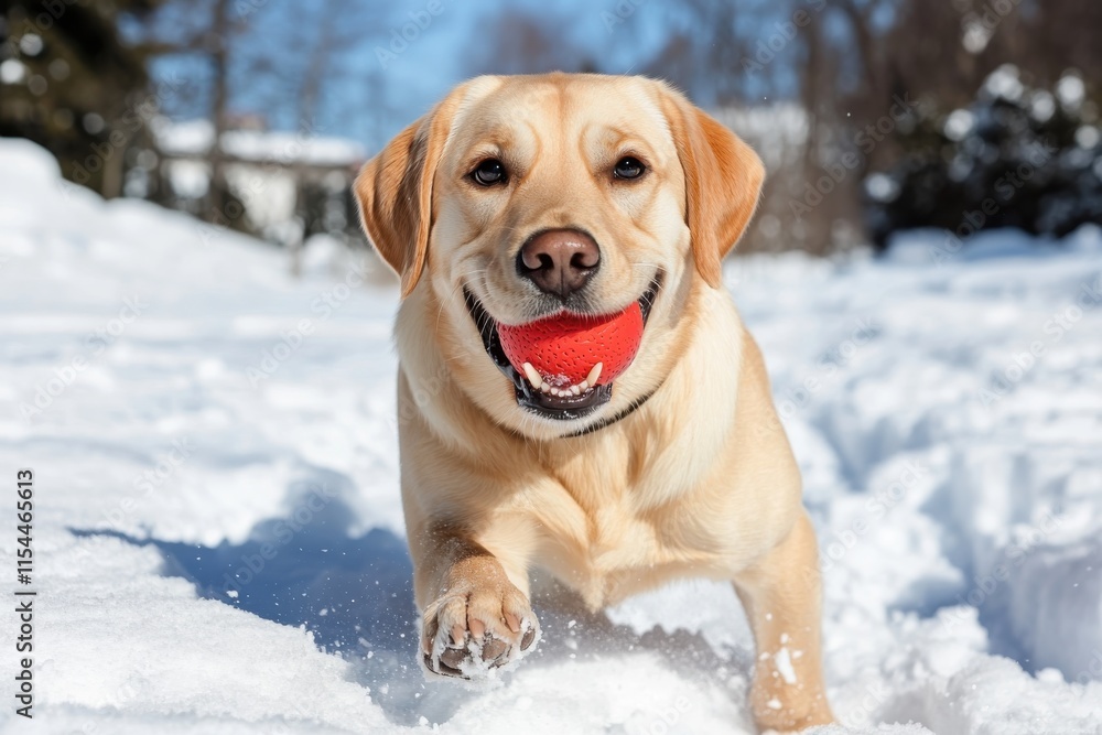A playful labrador retriever joyfully runs through the soft snow with a bright red ball in its mouth, capturing the essence of happiness and playful spirit during wintertime. A playful labrador retriever joyfully runs through the soft snow with a bright red ball in its mouth, capturing the essence of happiness and playful spirit during wintertime.