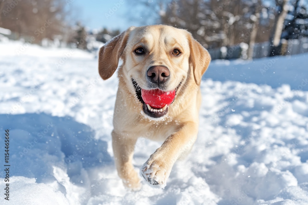 A smiling Labrador runs energetically through a snowy field, showcasing its playful spirit and joy in a winter wonderland, embodying happiness and vitality. A smiling Labrador runs energetically through a snowy field, showcasing its playful spirit and joy in a winter wonderland, embodying happiness and vitality.