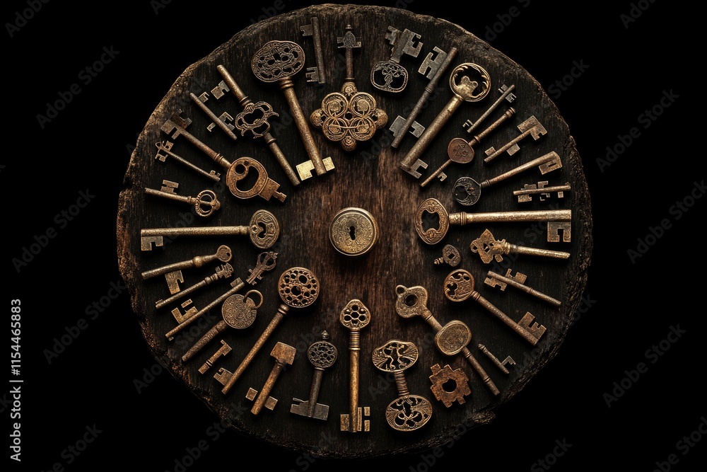A collection of antique keys arranged in a circle around a keyhole, showcasing their intricate details and aged patina. A collection of antique keys arranged in a circle around a keyhole, showcasing their intricate details and aged patina.