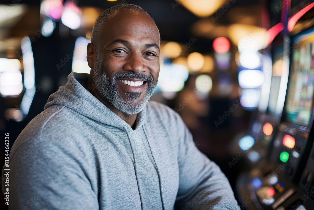 A joyful and smiling man with a beard sits at a slot machine in a casino, representing happiness and enjoyment in a lively gaming environment filled with colors. A joyful and smiling man with a beard sits at a slot machine in a casino, representing happiness and enjoyment in a lively gaming environment filled with colors.
