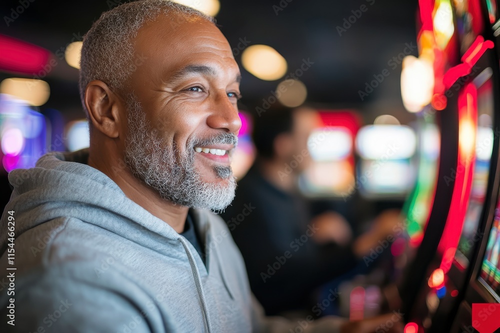 Fototapeta premium A happy man engages with a slot machine in a busy casino, showcasing a joyful expression and a carefree attitude, surrounded by vibrant lights and sounds of excitement.