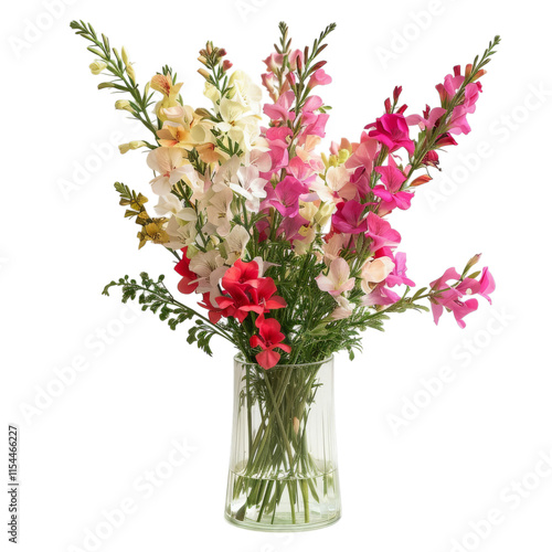 PNG Of A vibrant bouquet of multi-colored gladiolus flowers in a clear vase, adding a fresh touch to any space, White or Transparent Background