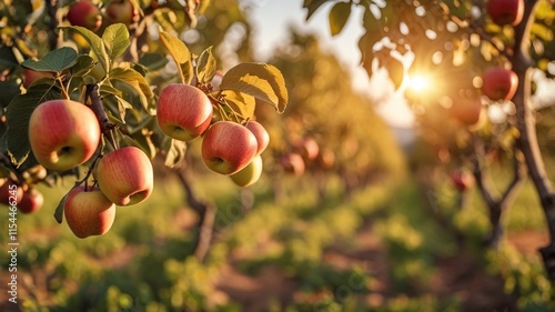 Fruit farm with apple trees. Branch with natural apples on blurred background of apple orchard in golden hour. Concept organic, local, season fruits and harvesting.
