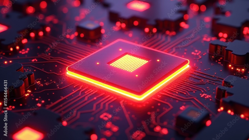 Close-Up of a Glowing Microchip on a Circuit Board

