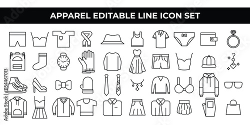 Apparel Icon Set featuring editable line icons of clothing, shoes, accessories, and fashion items. Ideal for e-commerce, fashion branding, promotional materials, posters, and digital or print designs.