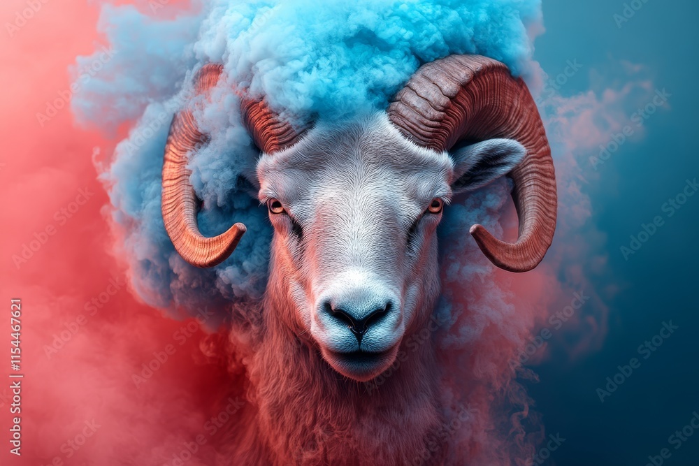 Majestic ram with colorful smoke swirling around its head in a dramatic display of nature's beauty at dusk Majestic ram with colorful smoke swirling around its head in a dramatic display of nature's beauty at dusk
