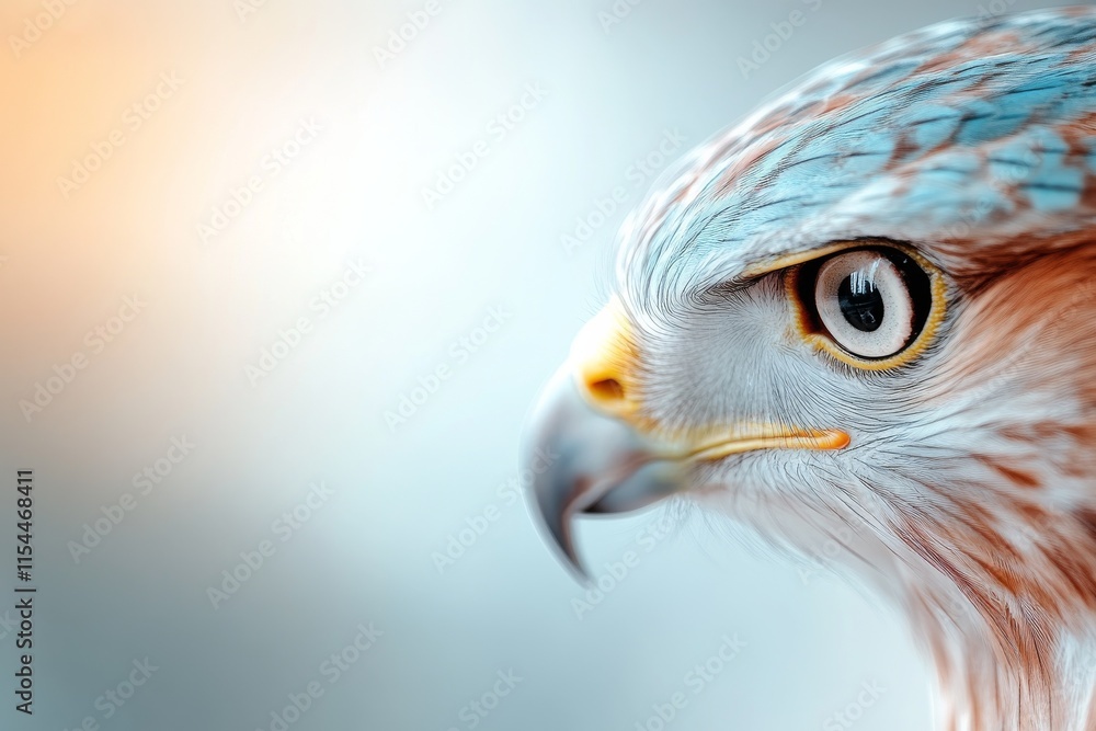Obraz premium Close-up view of a hawk with striking features showing its keen eye and detailed plumage in soft natural light