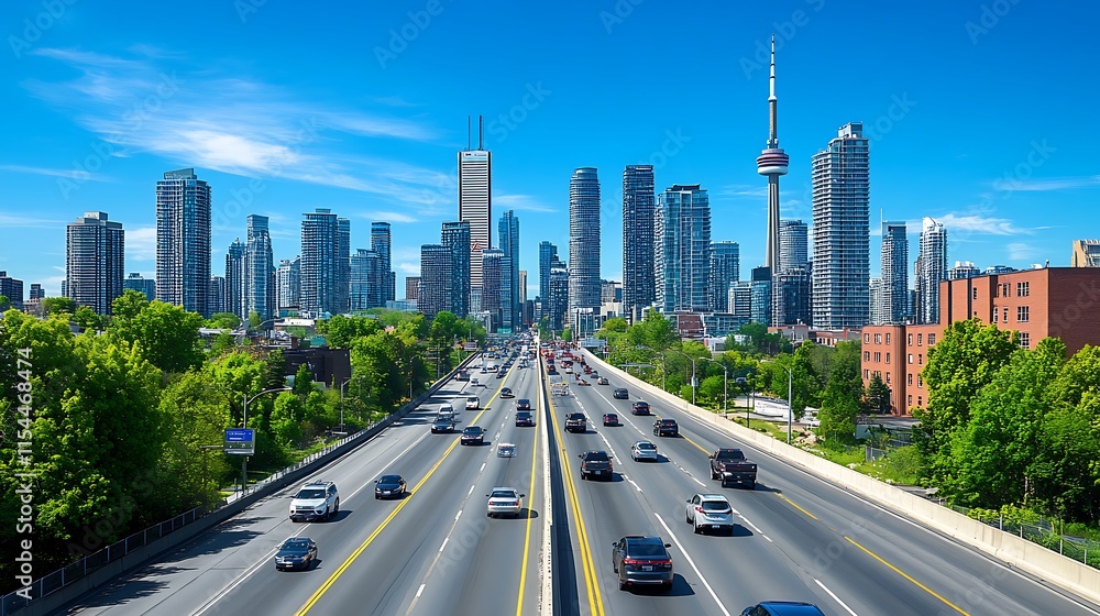 Fototapeta premium An Urban Skyline View with Clear Blue Skies and Modern Architecture