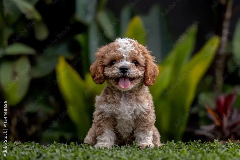 A joyful small orange havanese puppy dog is sitting in the grass A joyful small orange havanese puppy dog is sitting in the grass
