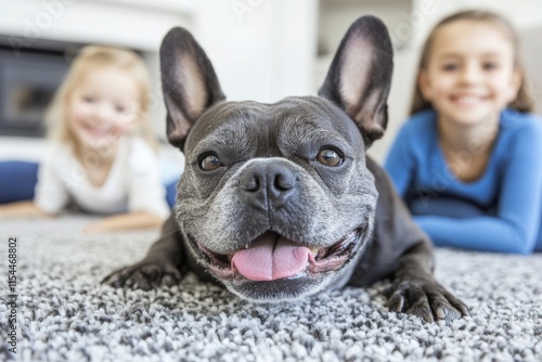 A same-sex male couple sits on the floor in their living room, surrounded by their son and daughter. Their pet dog is lying across them photo