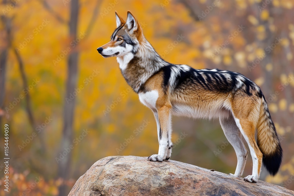A solitary Timber wolf or Grey Wolf (Canis lupus) perches on a rocky pinnacle, gazing back at the rain-soaked autumn scene in Quebec, Canada A solitary Timber wolf or Grey Wolf (Canis lupus) perches on a rocky pinnacle, gazing back at the rain-soaked autumn scene in Quebec, Canada