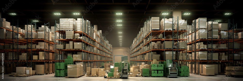 Comprehensive Warehouse Management: Extensive Storage View with Organized Merchandise and Operation Equipment Comprehensive Warehouse Management: Extensive Storage View with Organized Merchandise and Operation Equipment