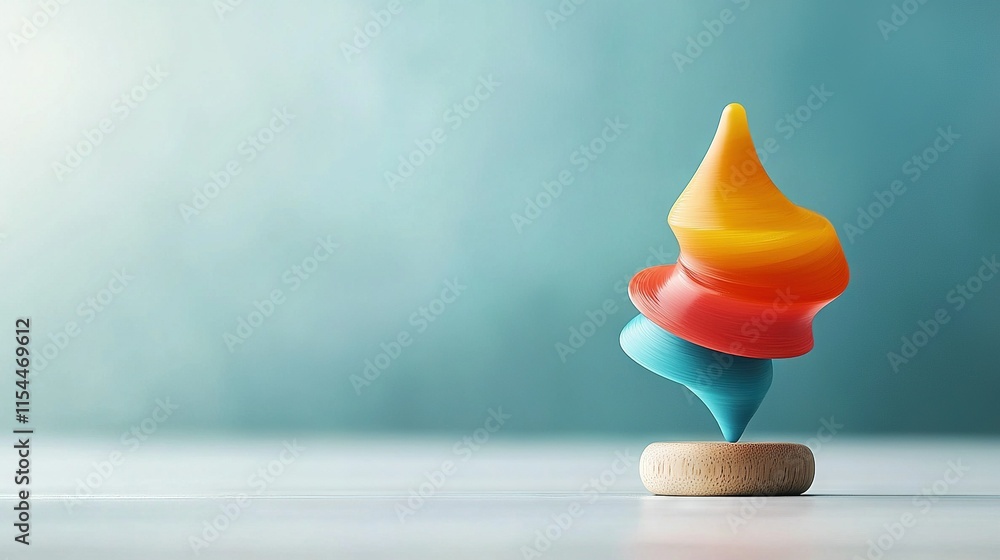   Wooden plaything with colorful rainbow-hued peak resting on white backdrop with blue wall as background