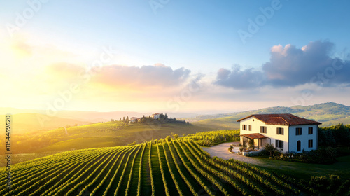A serene vineyard landscape at sunrise featuring a charming house amidst lush green rows of grapevines under a clear sky.