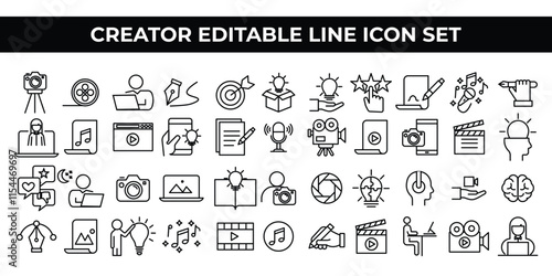 Creator Icon Set featuring editable line icons of creative tools, design elements, and content creation items. Perfect for artists, graphic designers, branding, websites, apps, and digital projects.