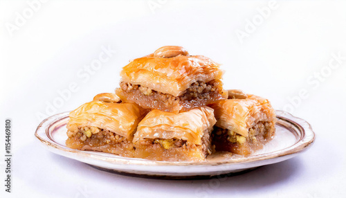 Turkish Baklava - Close-up Shot filled with a golden brown filling and nuts photo