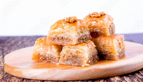 Turkish Baklava - Close-up Shot filled with a golden brown filling and nuts photo