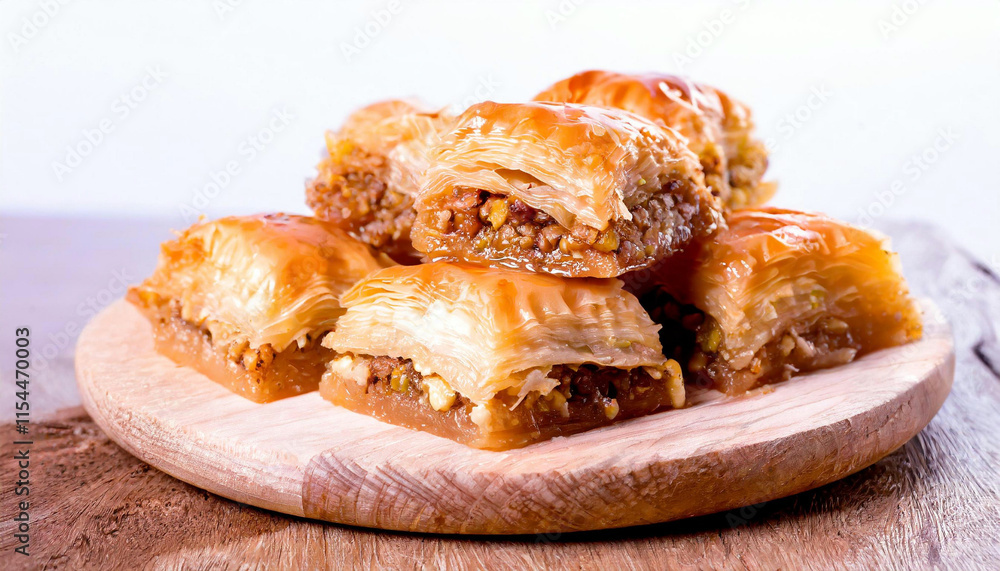 Turkish Baklava - Close-up Shot filled with a golden brown filling and nuts Turkish Baklava - Close-up Shot filled with a golden brown filling and nuts