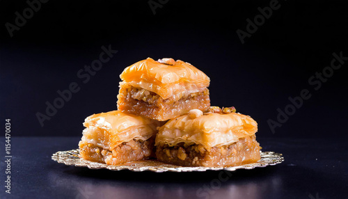 Turkish Baklava - Close-up Shot filled with a golden brown filling and nuts photo