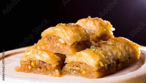 Turkish Baklava - Close-up Shot filled with a golden brown filling and nuts photo