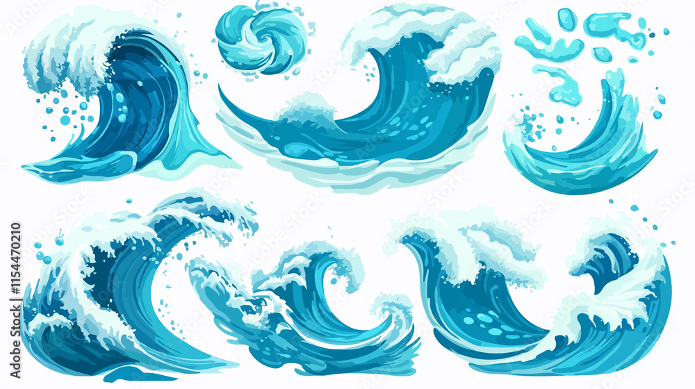 Collection of cartoon sea waves in blue color for ocean-themed designs Collection of cartoon sea waves in blue color for ocean-themed designs