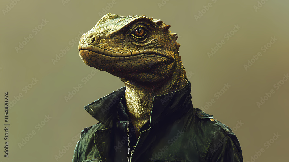Portrait of a anthropomorphic lizard man wearing a jacket. digital illustration. Draconian. Illustration Portrait of a anthropomorphic lizard man wearing a jacket. digital illustration. Draconian. Illustration
