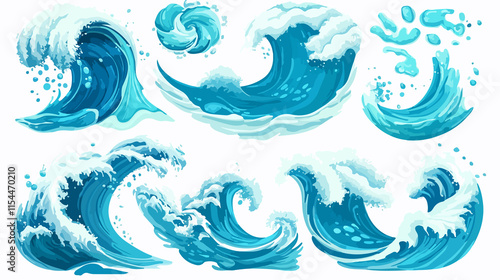 Collection of cartoon sea waves in blue color for ocean-themed designs