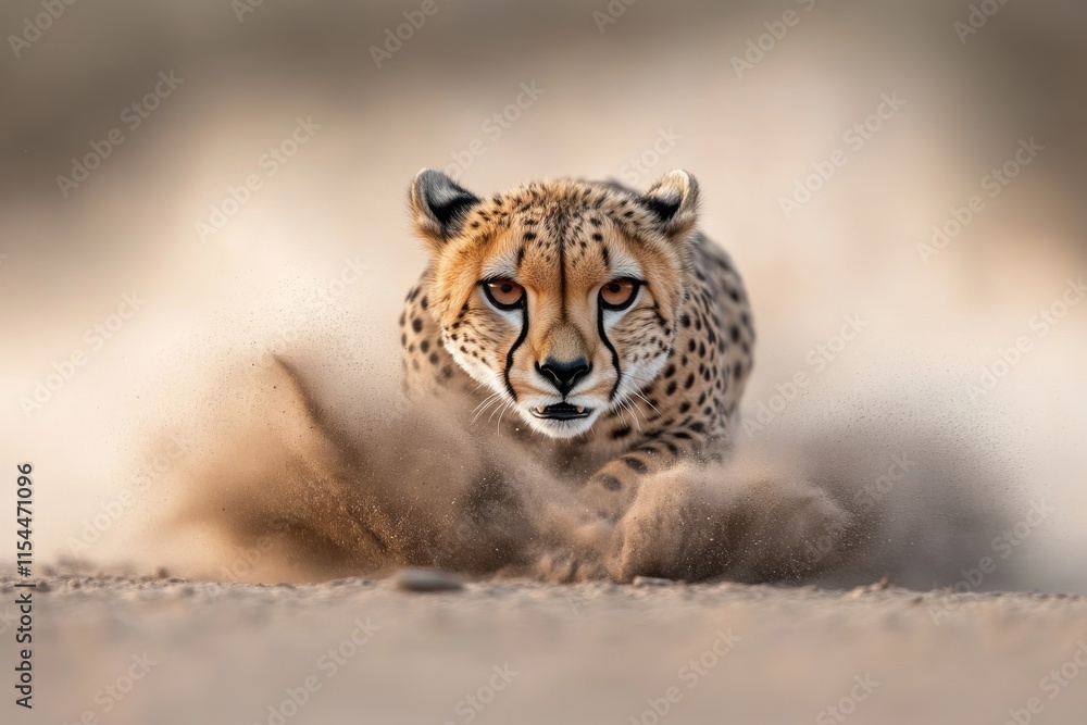 Obraz premium Cheetah sprinting across sandy terrain with dust cloud in the savanna during golden hour