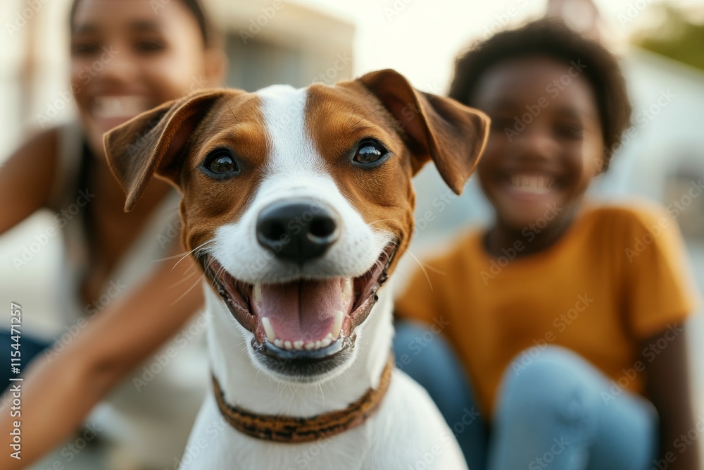 Happy dog with two children playing outdoors during golden hour Happy dog with two children playing outdoors during golden hour