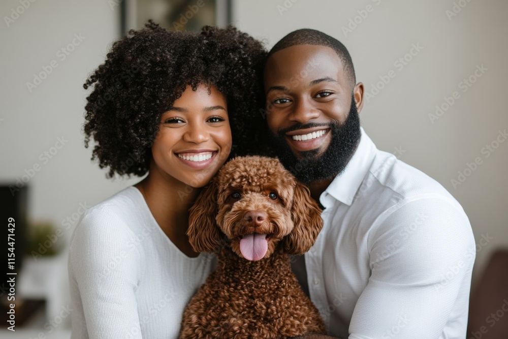 Happy couple smiles with their brown dog in cozy home setting during a relaxed afternoon Happy couple smiles with their brown dog in cozy home setting during a relaxed afternoon