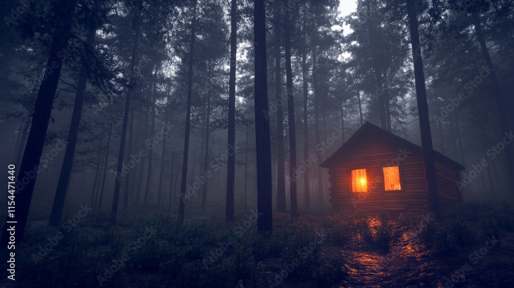 Cabin in the Woods with Glowing Firelight at Dusk Cabin in the Woods with Glowing Firelight at Dusk